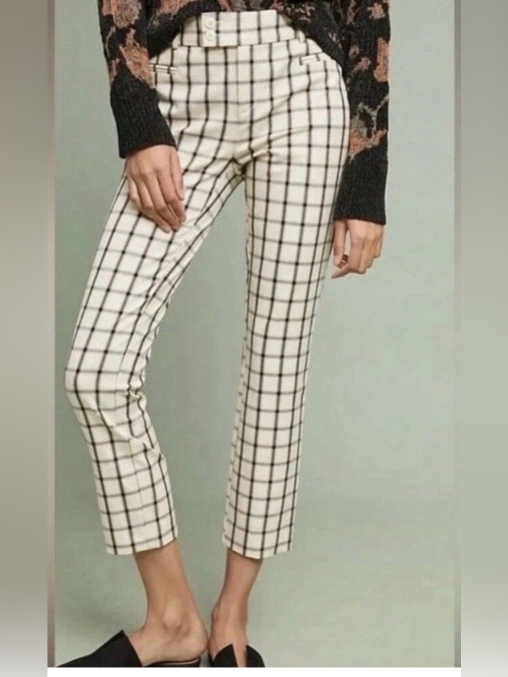 Anthropologie Essential Slim Cream & Navy Windowpane Cropped Pants